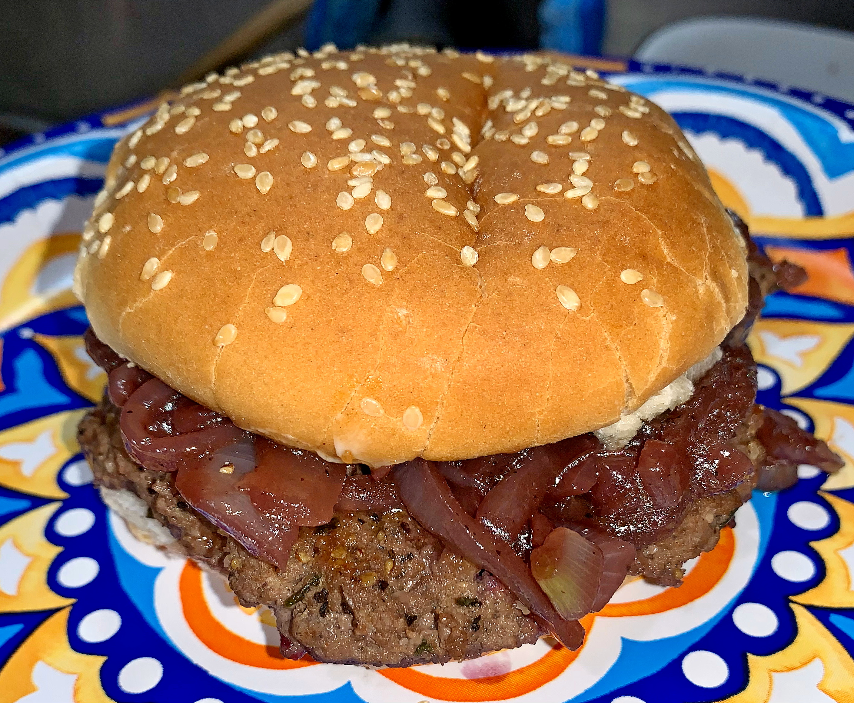 Blueberry Bison Burger topped with Red Wine and Sweet Onion Jam