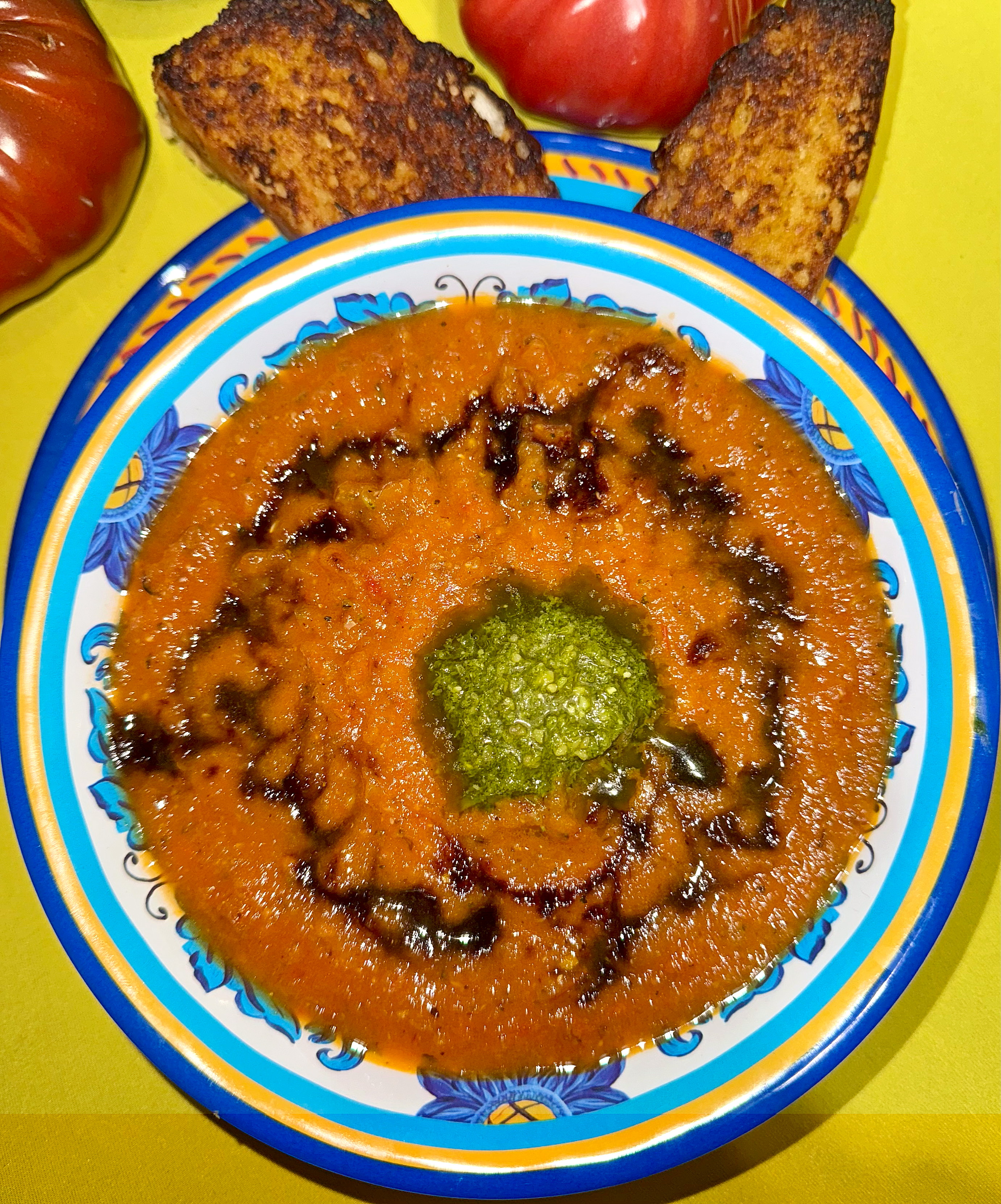 Roasted Mediterranean Vegetable Soup with Basil Pesto and Balsamic Drizzle