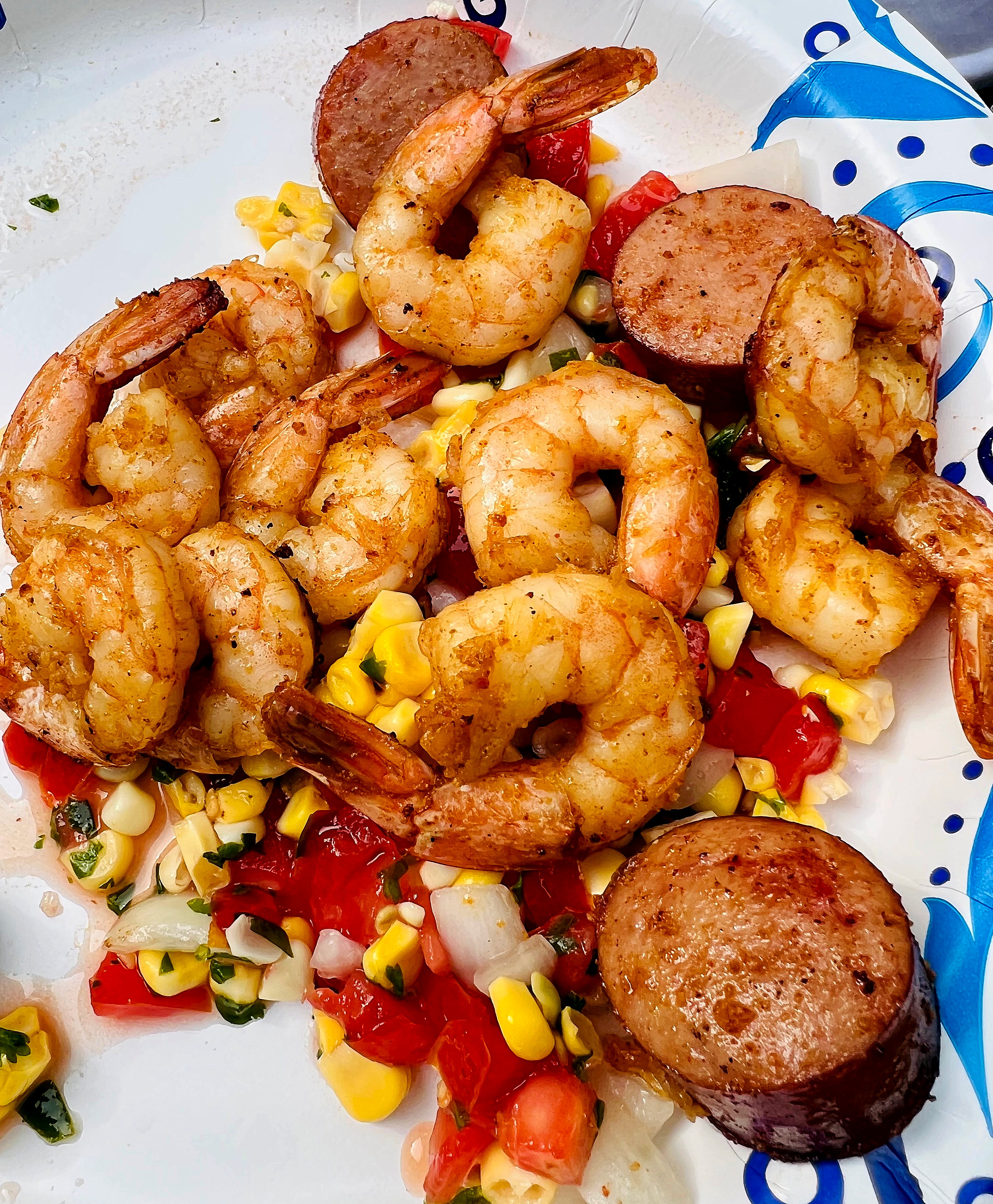 Mexican Grilled Shrimp and Kielbasa over Grilled Corn Salsa